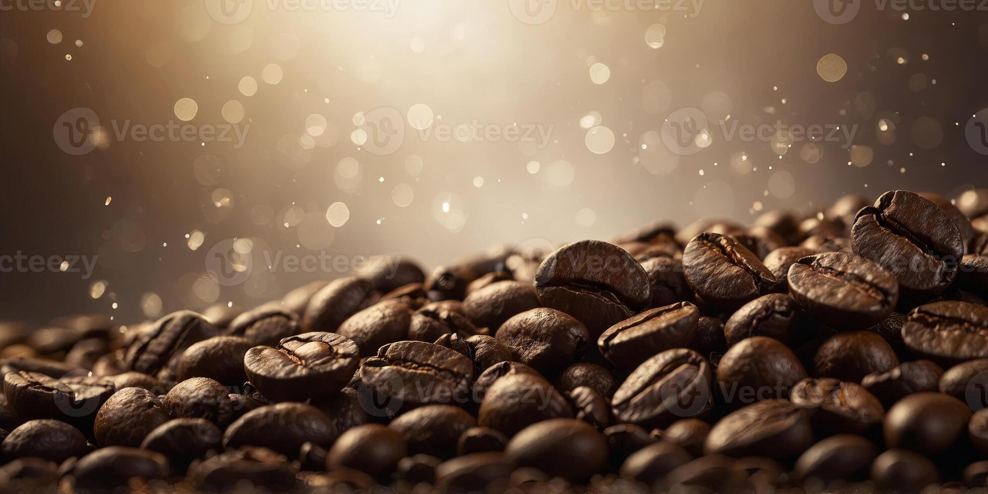 a close up of coffee beans falling from light above c. photo