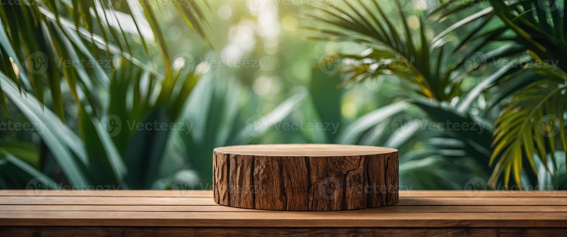 Wooden podium with green background decorated with palm leaves for product display. photo