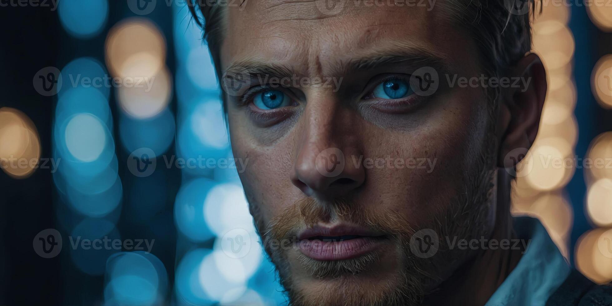 a persons face showcasing their vivid blue eyes, expressing intensity and emotion. photo