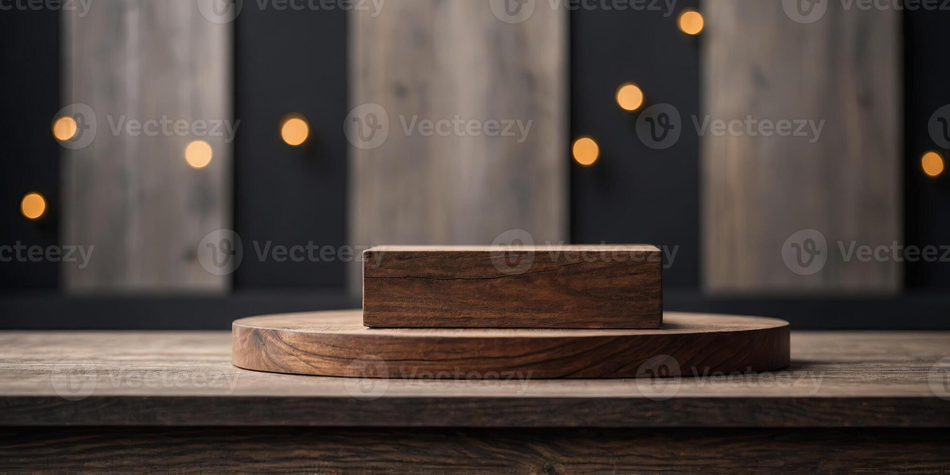 The Charcoal Gray background with a wooden podium On top of the wooden podium, two small podiums add a minimal touch to the product display. photo