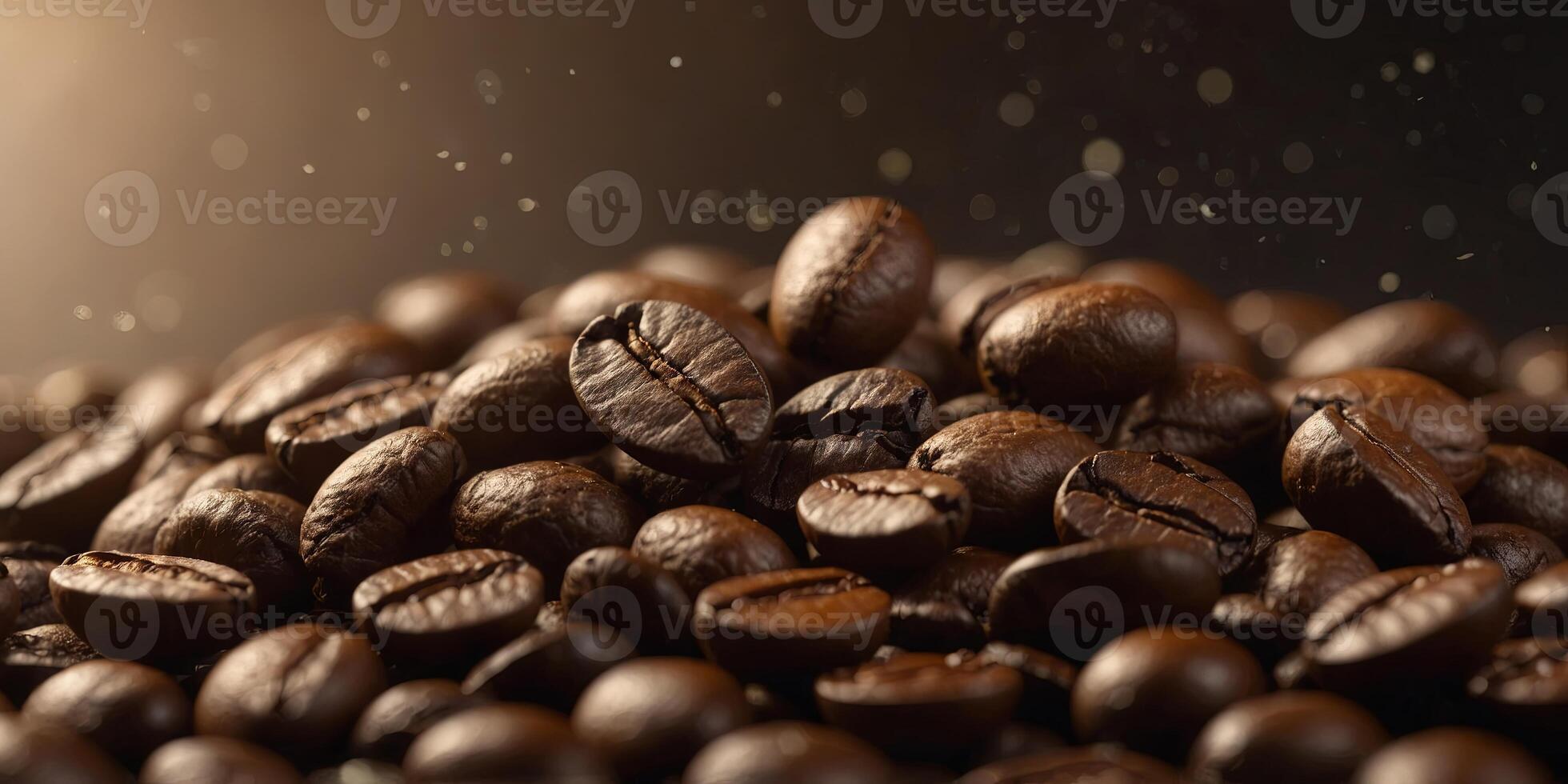 a close up of coffee beans falling from light above c. photo