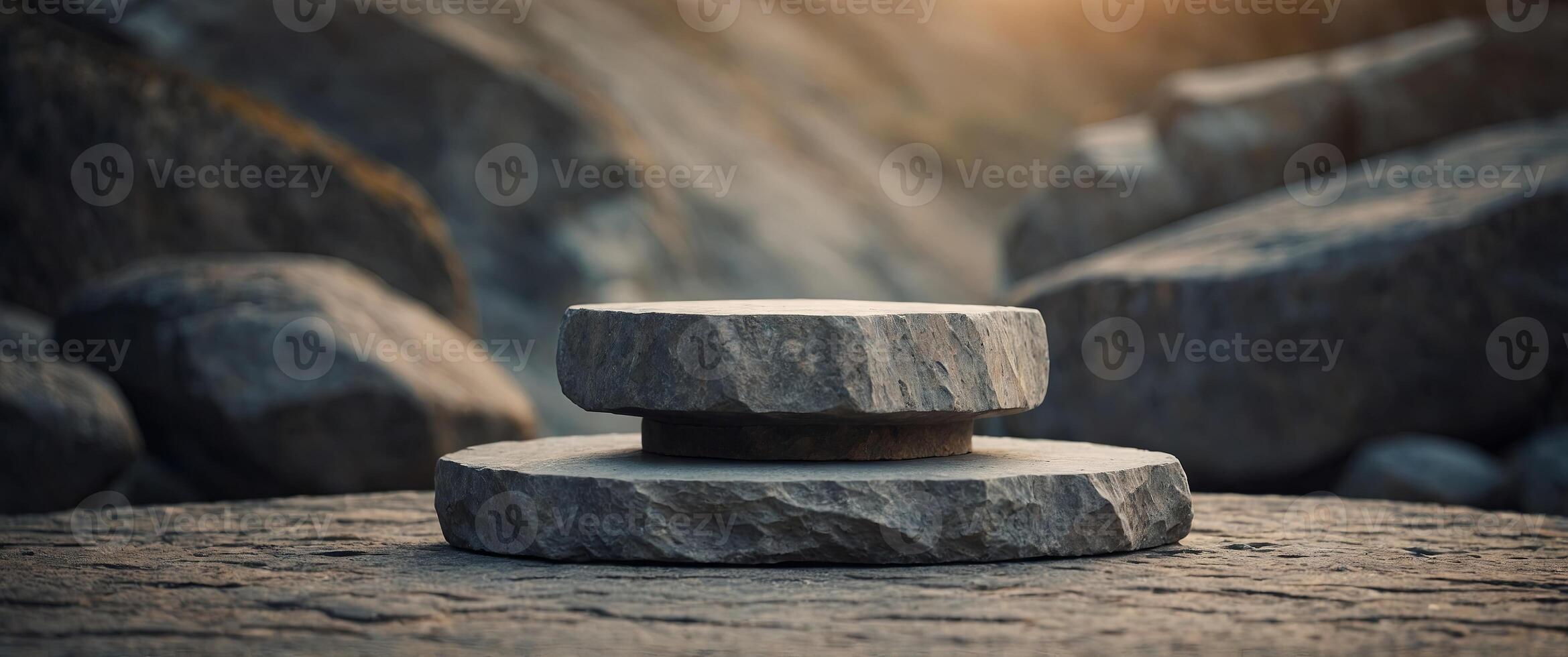 Stone podium rock pedestal stage empty scene luxury product display natural background. photo