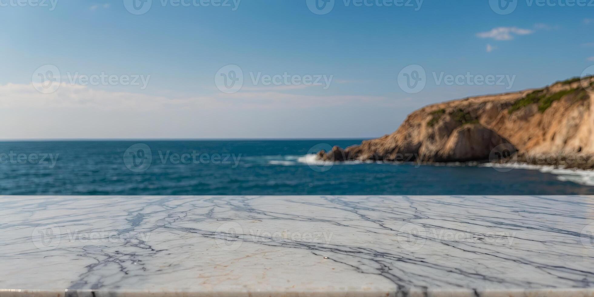 close-up of an empty marble table and blurred ocean background, clear blue sky, mockup background for product display. photo