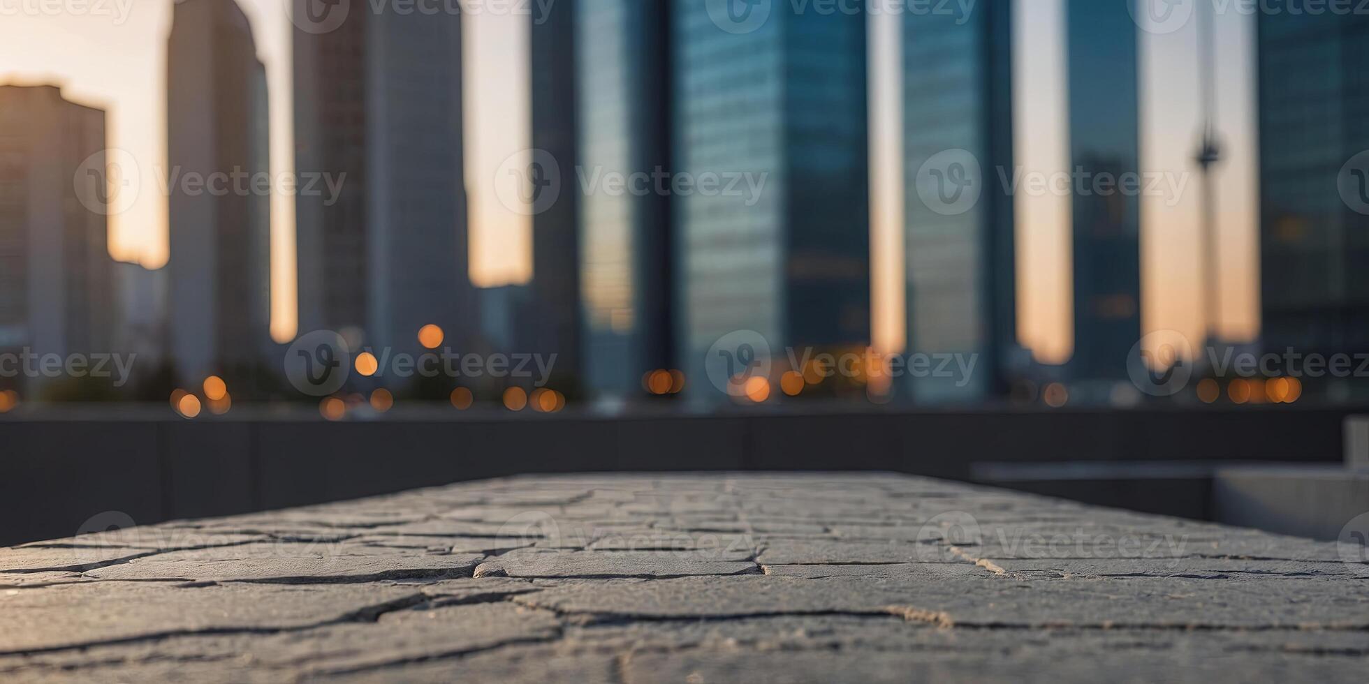 Stone table top with copy space Modern cityscape background. photo