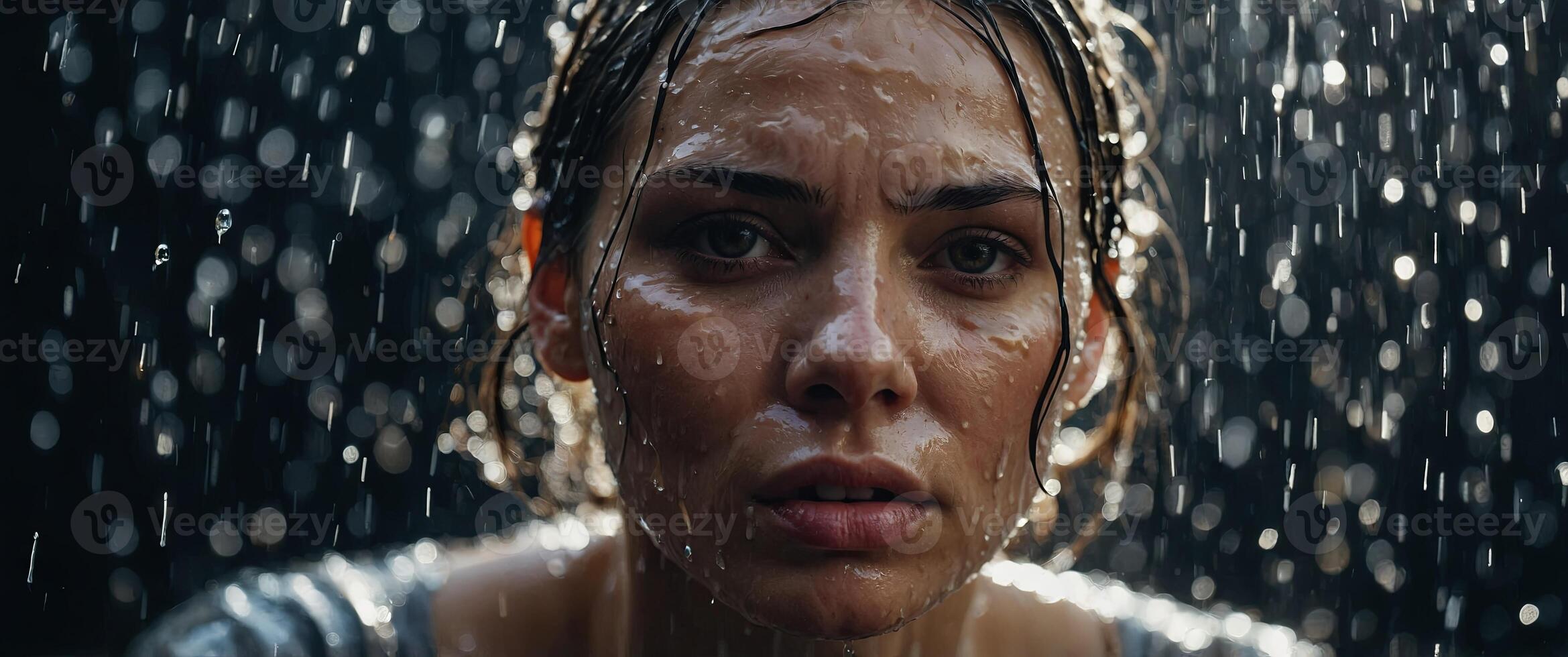 a woman with a wet face covered in soap and water drops. photo