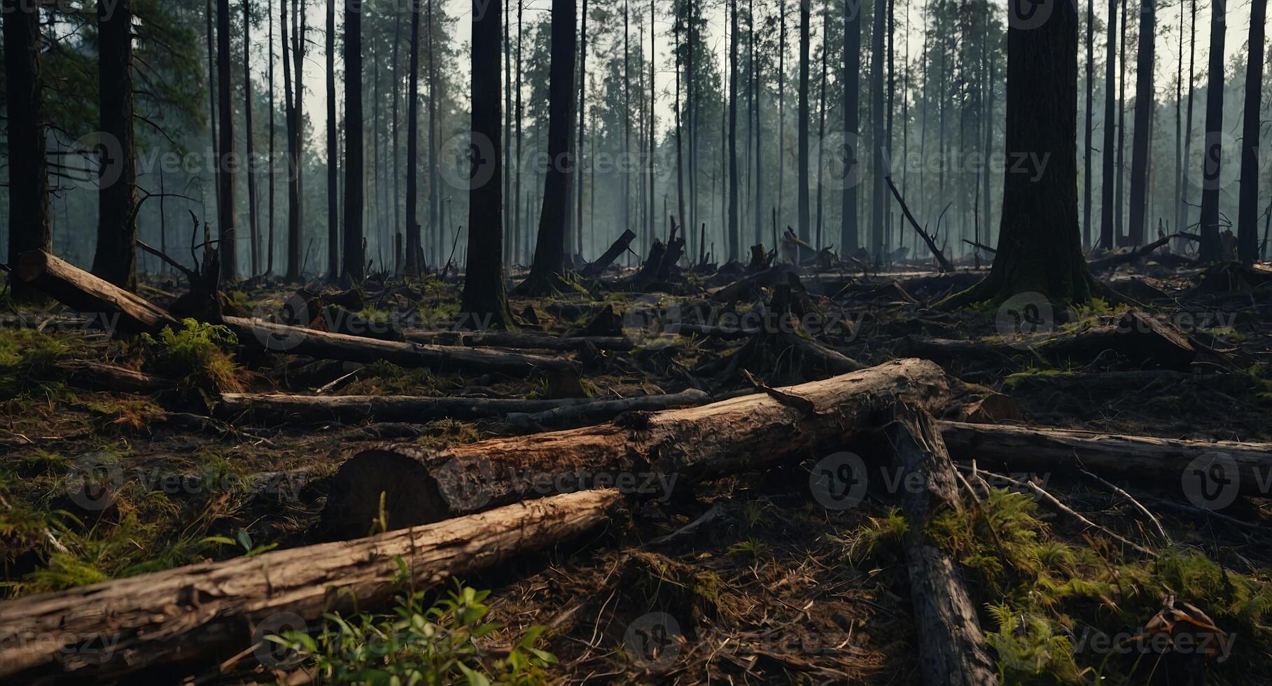 Stumps on the valley caused by deforestation and burn horror brunt down forest landscape. photo