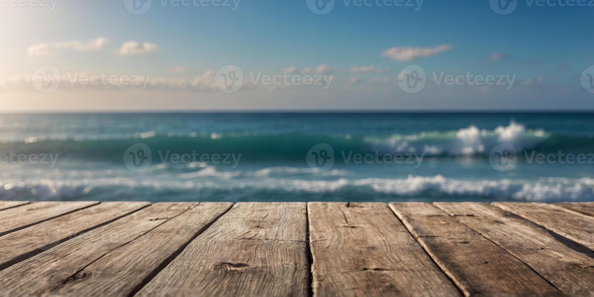 close-up of an empty wooden table and blurred wawing ocean background, blue sky, mockup background for product display. photo