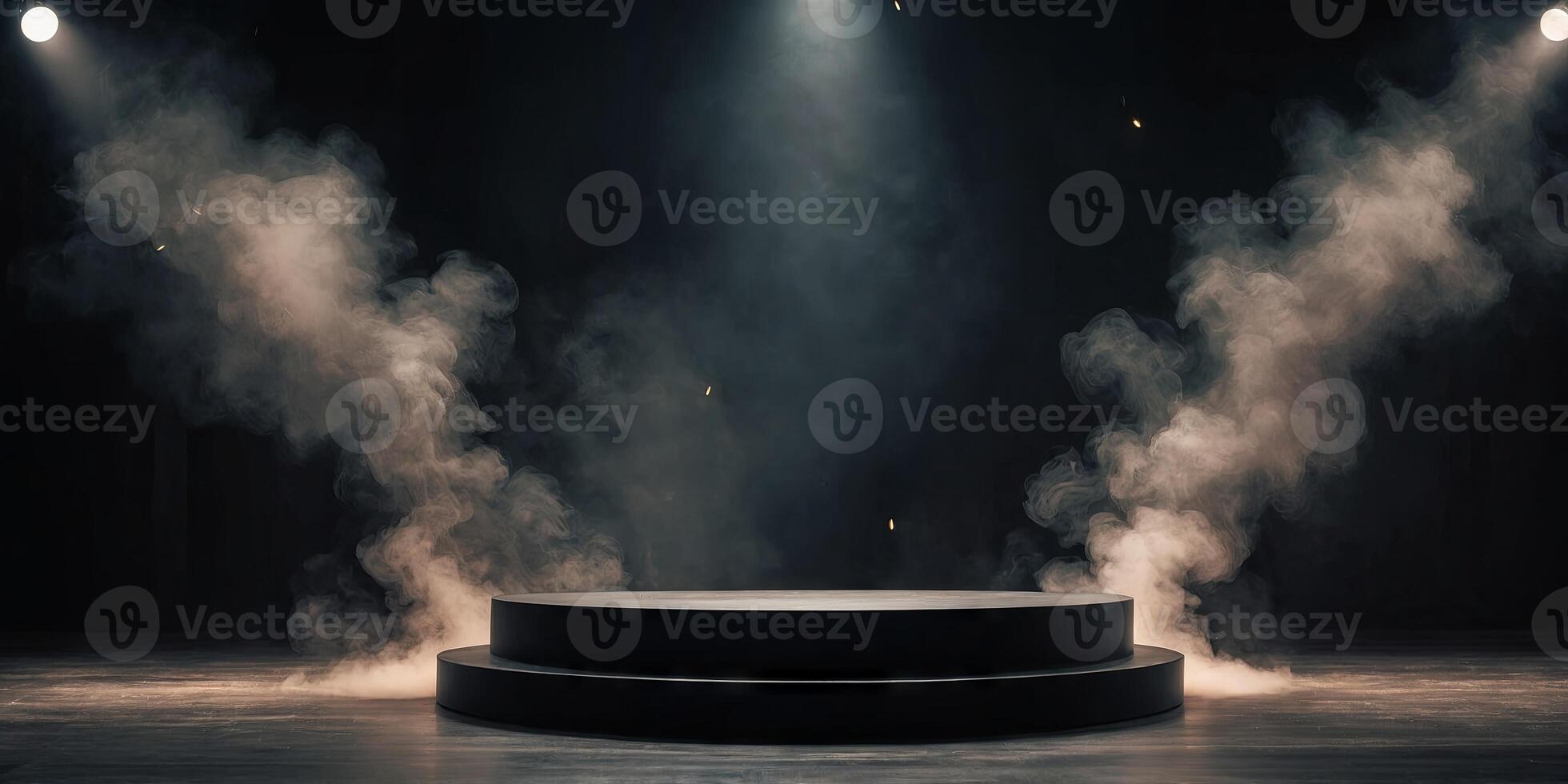 dramatic dark podium with smoke and spotlight abstract product display background. photo