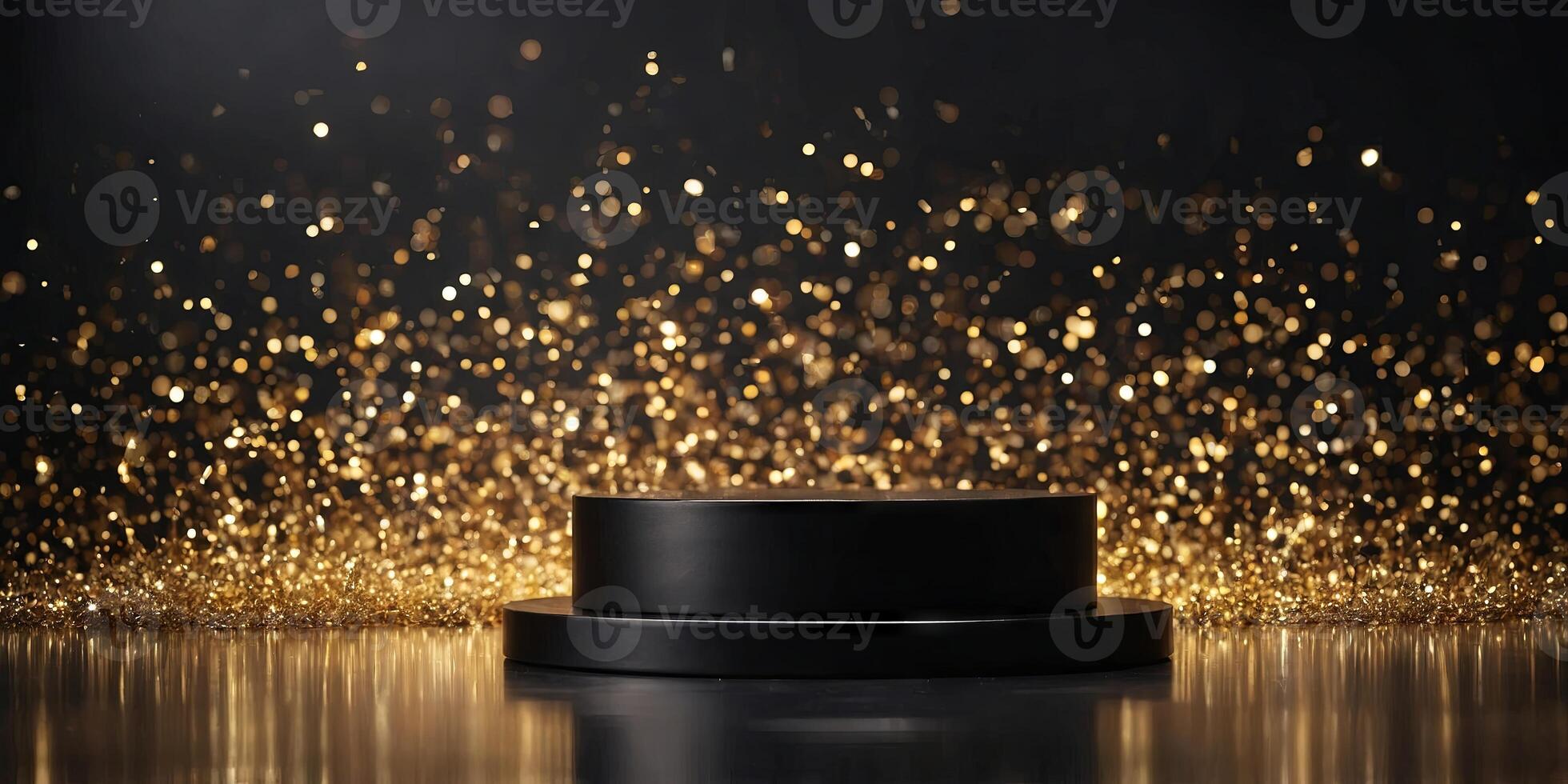 glittering black and gold podium with sparkling bokeh for product display. photo