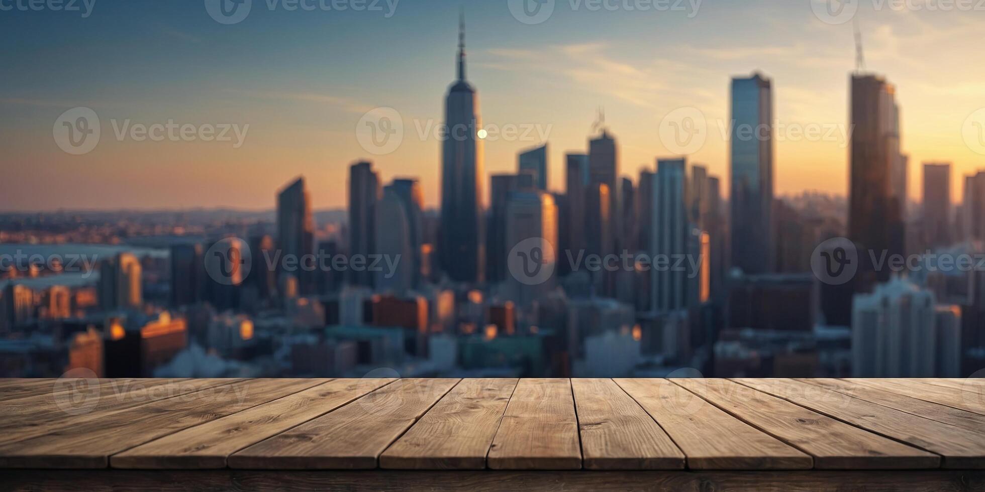 empty table top for product display with defocused city skyline background. . photo