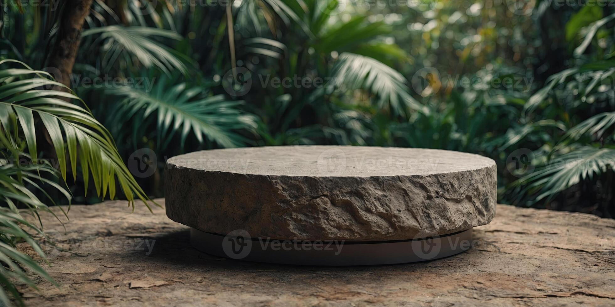 Stone round podium in tropical jungle, product presentation background. photo