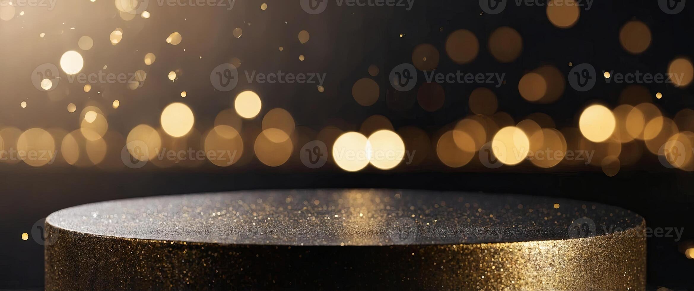 black and gold round podium with sparkles for product display. photo