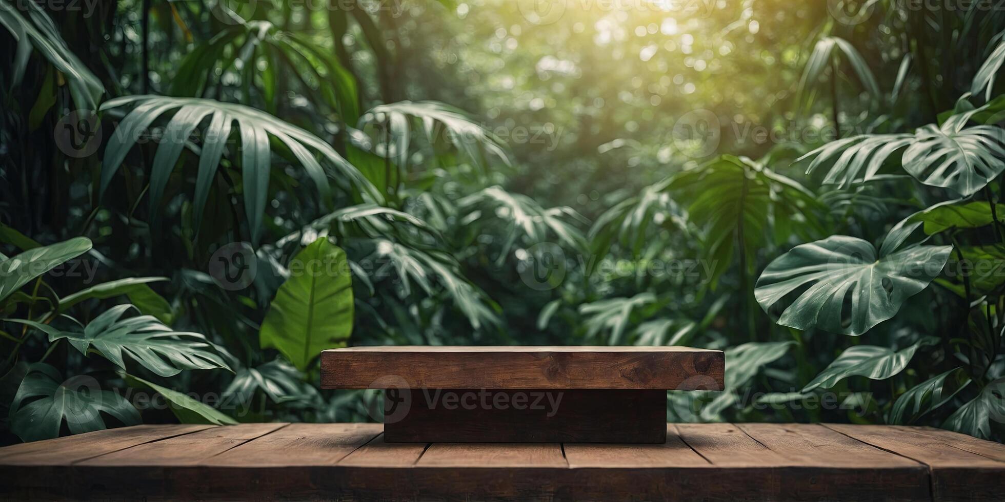 display podium on jungle leaves background. photo