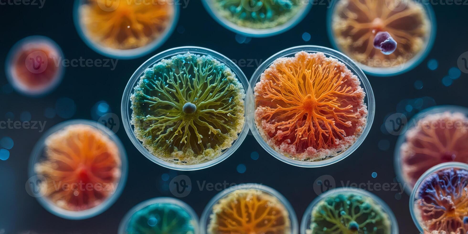 colorful microorganisms in petri dish super macro zoom laboratory background. photo