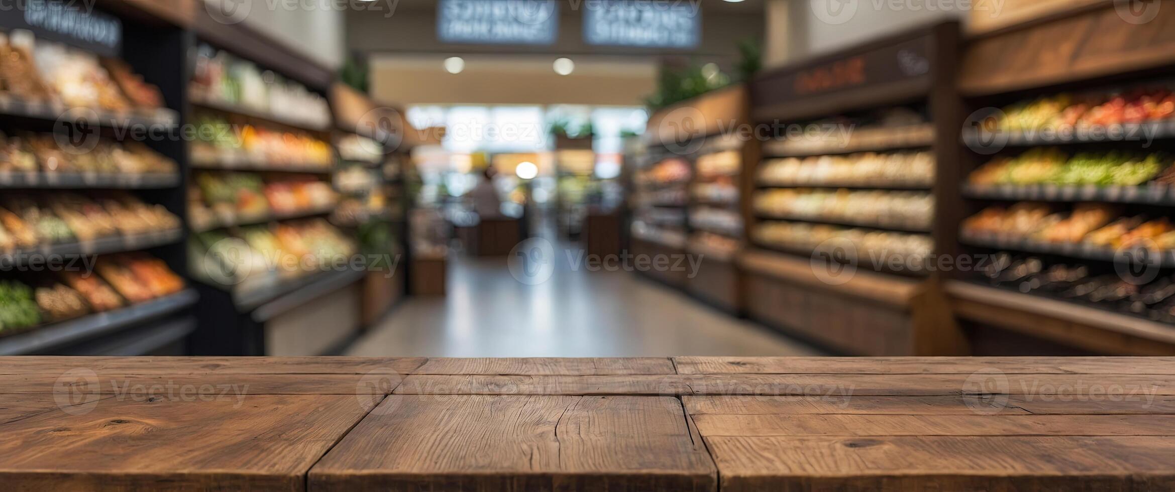 empty wooden table with blur beautiful grocery store background. photo