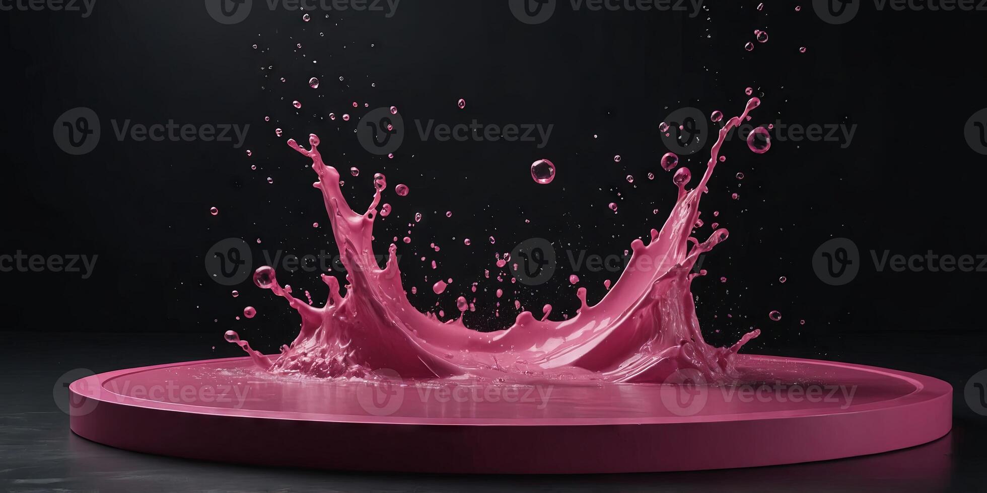 empty pink podium mockup with water splash on a black gradient background for product display. . photo