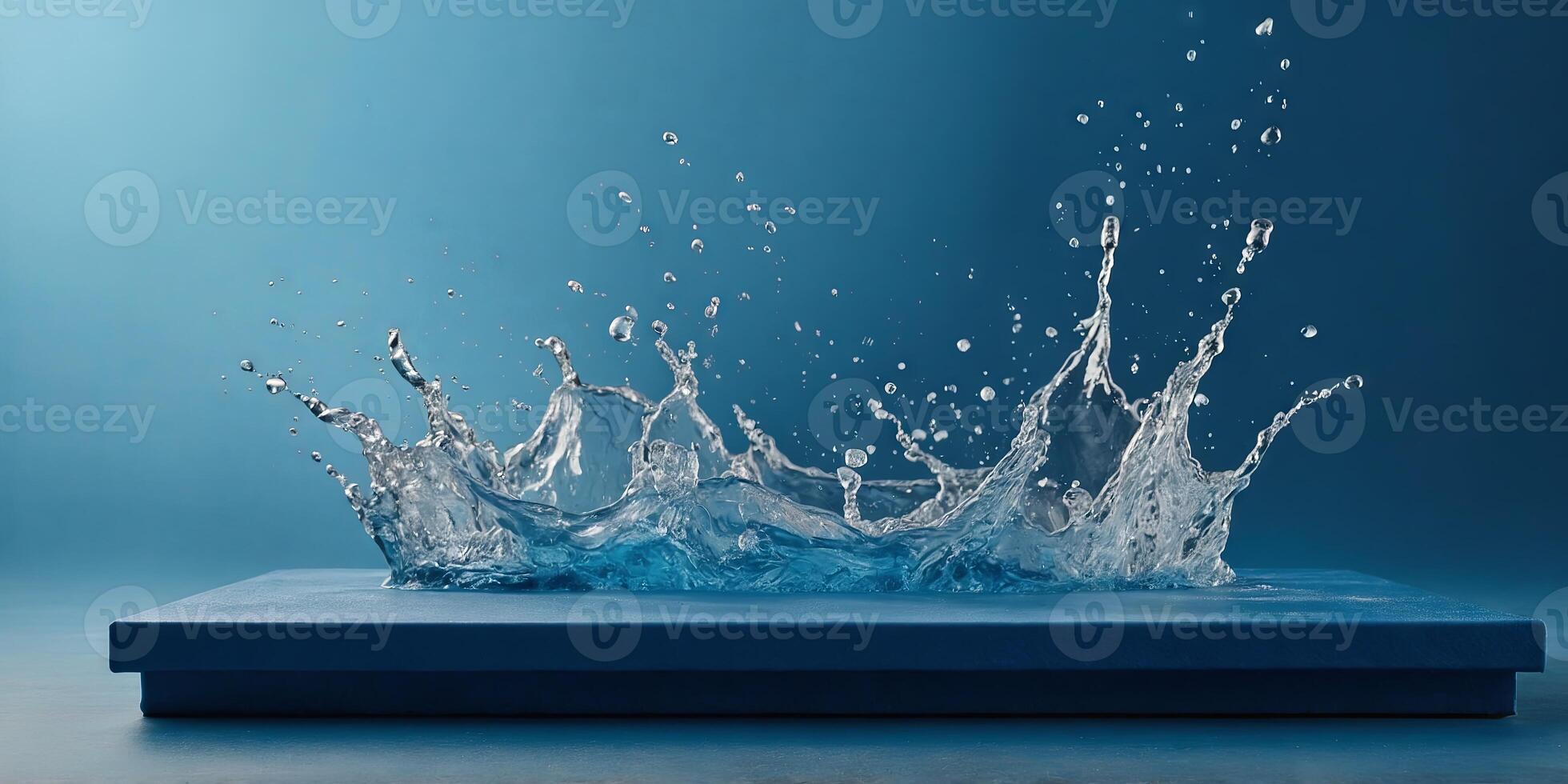 empty blue podium mockup with water splash on a blue gradient background for product display. photo