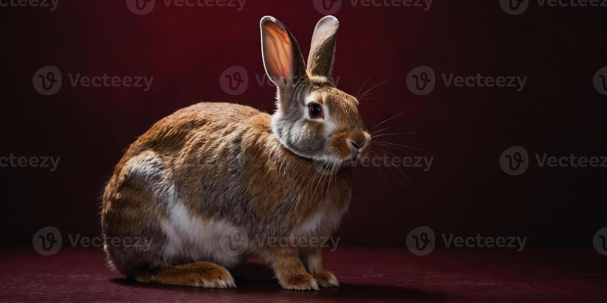 rabbit on dark red background with copy space, empty space. photo