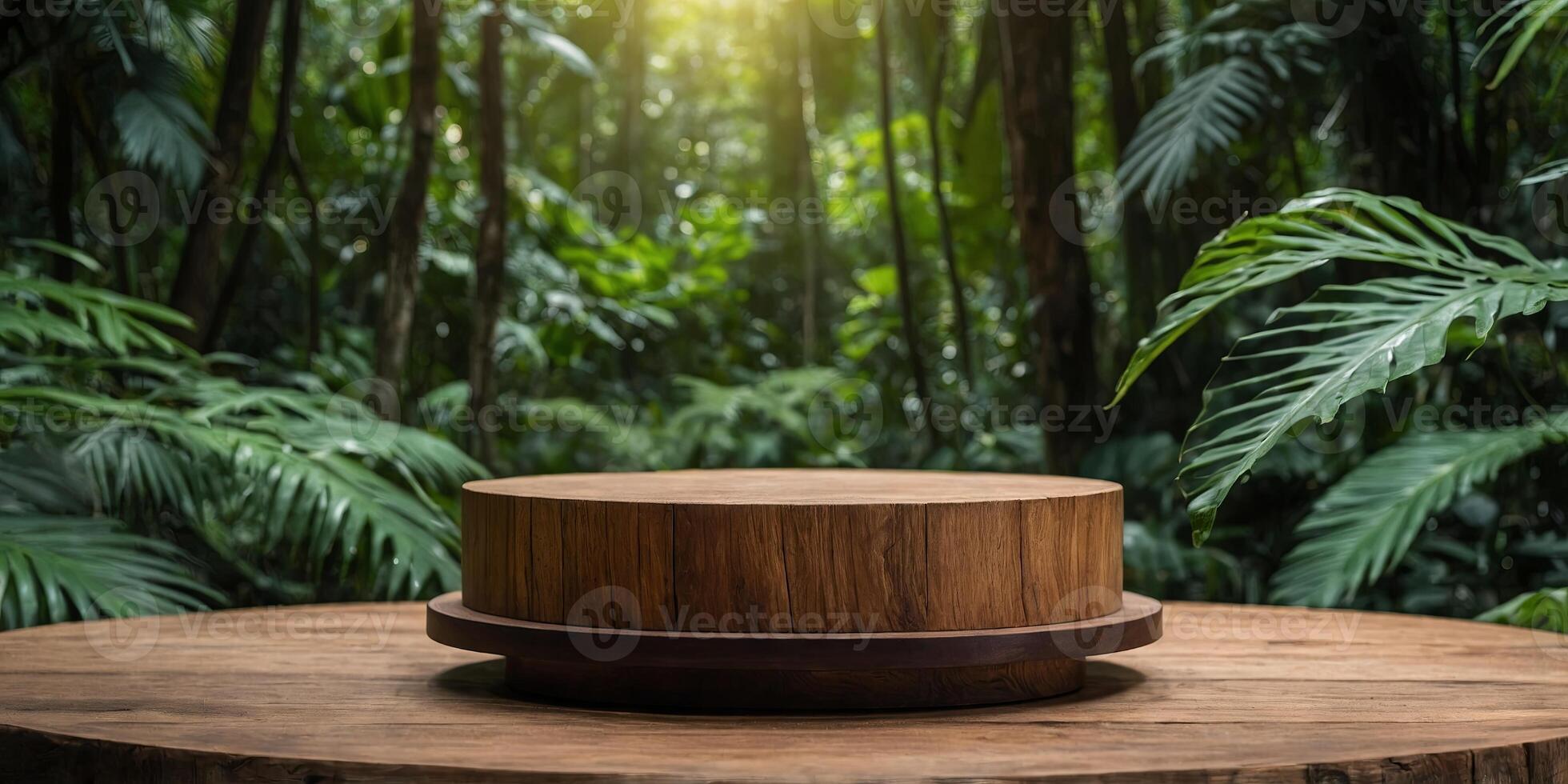 Wooden product display podium in jungle forest background Product presentation theme Nature and Organic cosmetic and food concept. photo