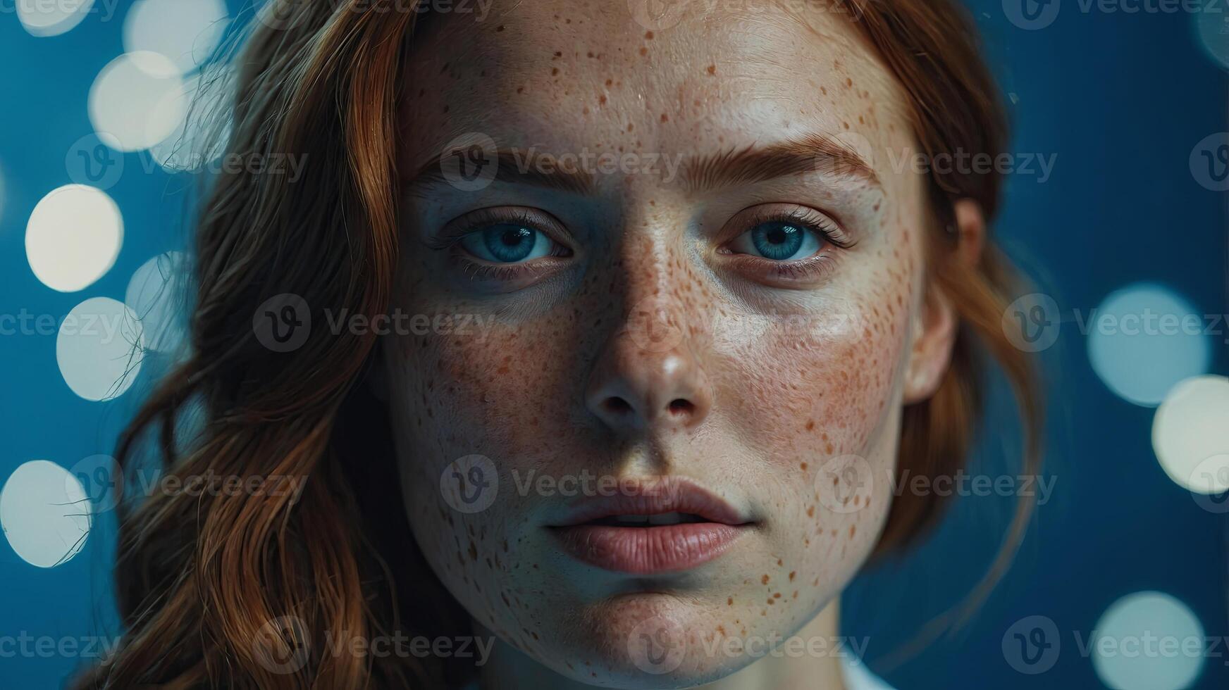 a woman with freckles on her face and a blue background. photo