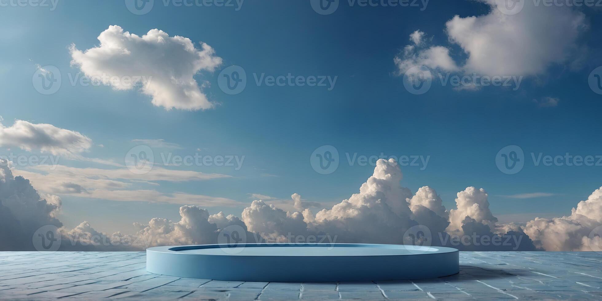 podium scene with fluffy clouds background, perfect for showcasing cosmetic or products , blue, geometric, abstract. photo