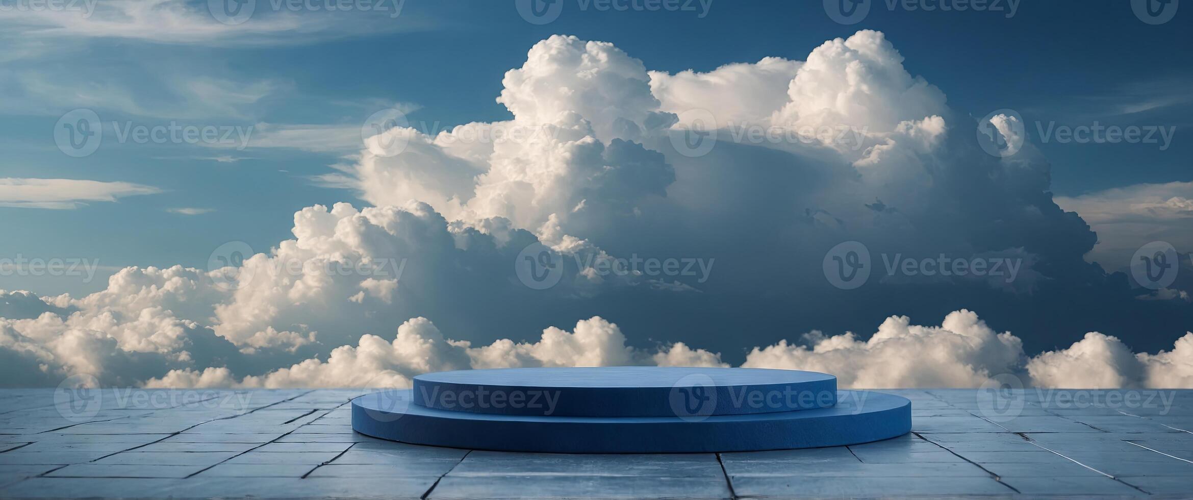 blue podium on cloud background, product stage. photo