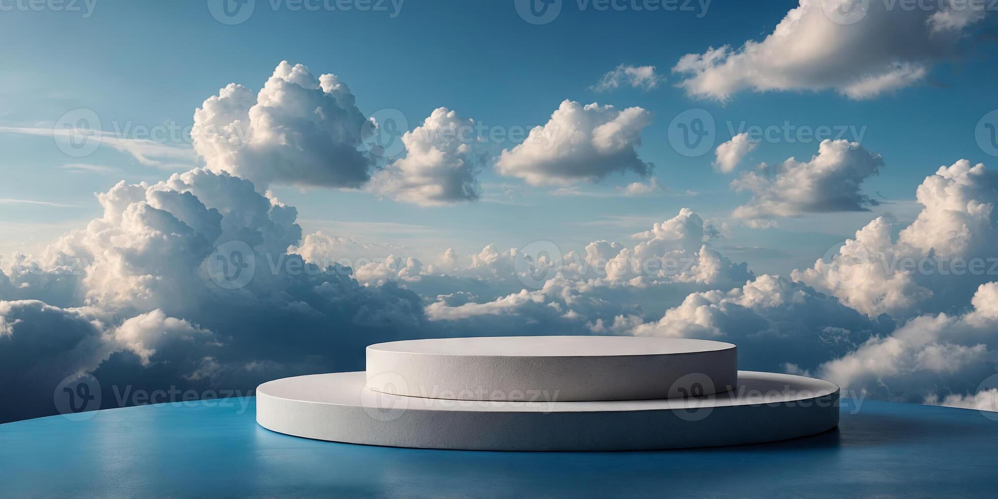 podium scene with fluffy clouds background, perfect for showcasing cosmetic or products , blue, geometric, abstract. photo