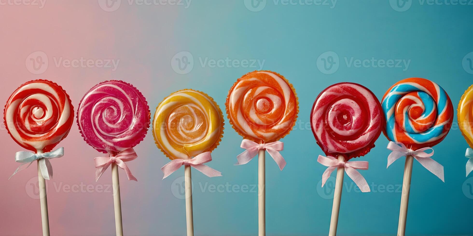 lollipops candy border background hard candies on stick. photo