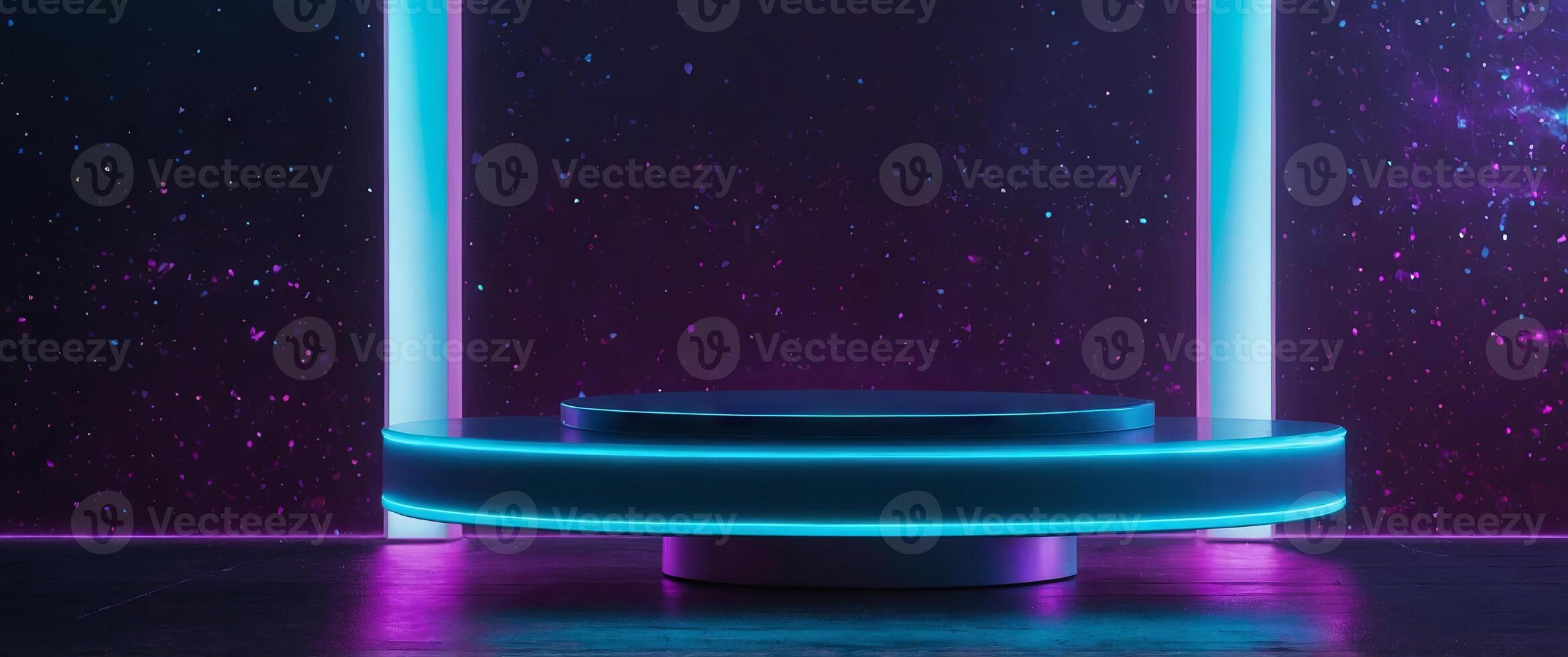 futuristic product display podium on abstract violet and blue neon background. photo