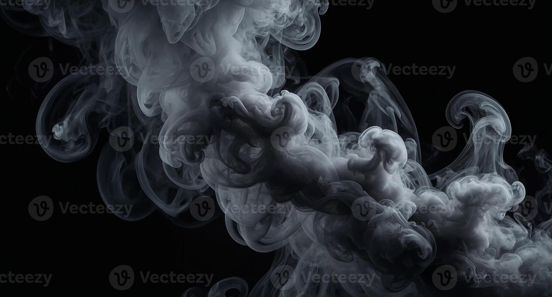 Beautiful swirling gray smoke Mockup wallpaper or web banner, mist or smog moves on black background. photo