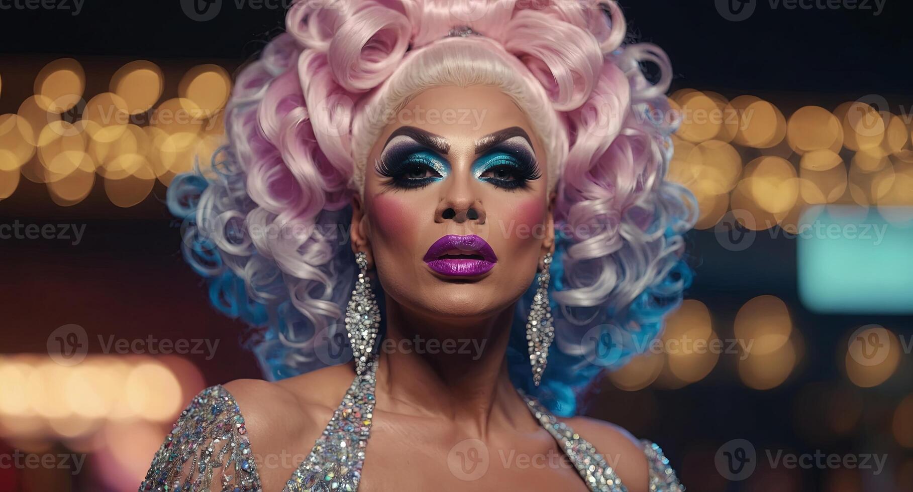 Beautiful drag queen on background with bokeh. photo