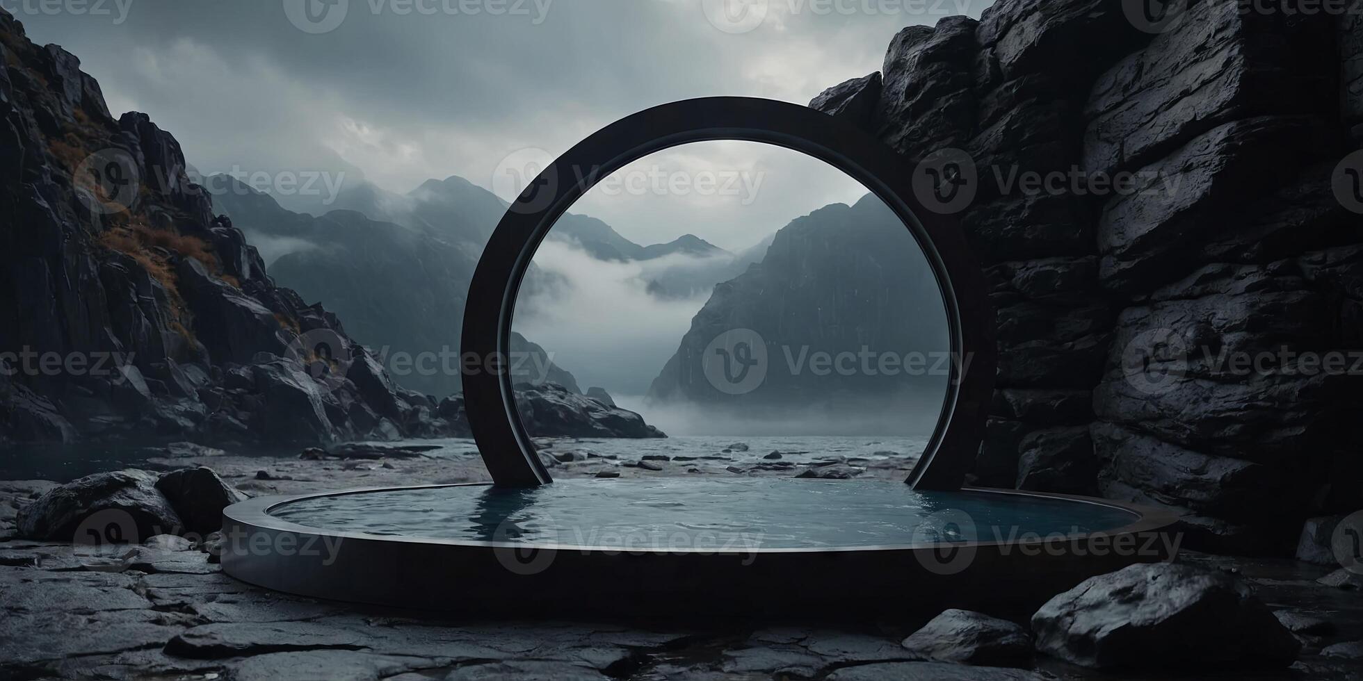 Abstract round window with water, rocks, and fog on podium in front of a dark wall for product presentation, render, abstract, round. . photo