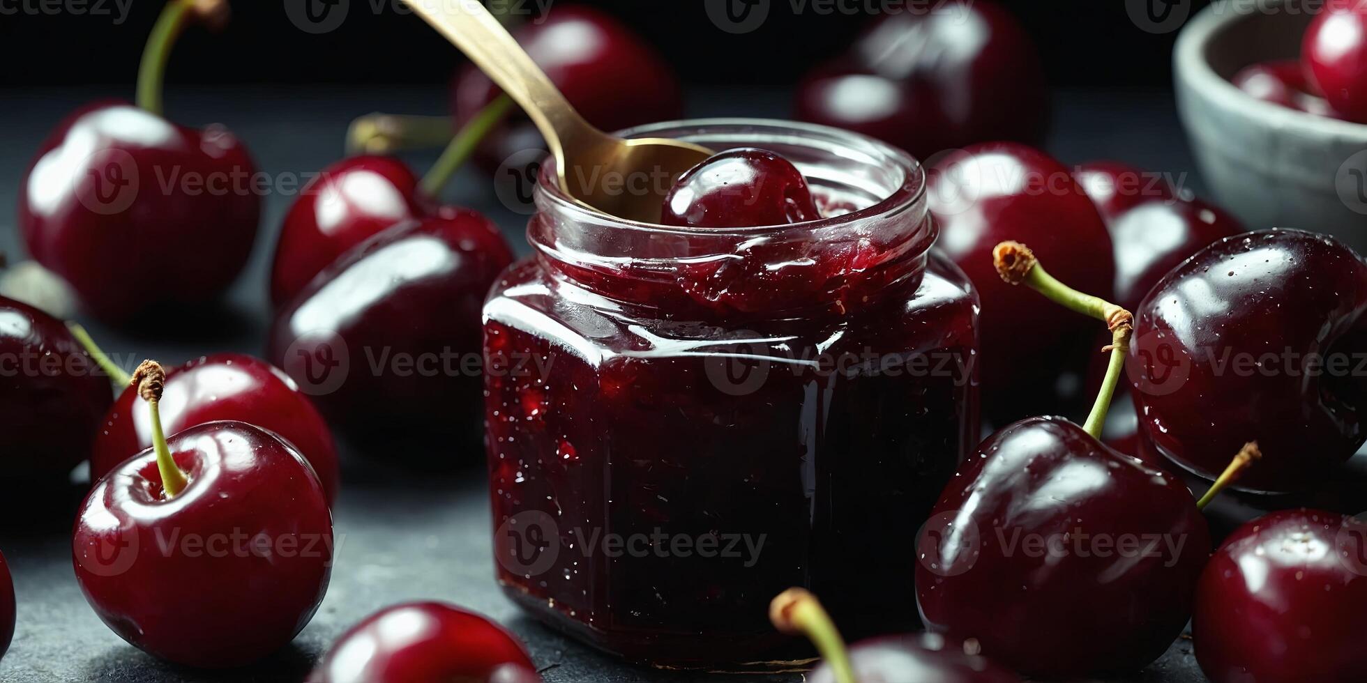 A spoon scoops homemade cherry jam from a glass jar surrounded by fresh cherries. . photo