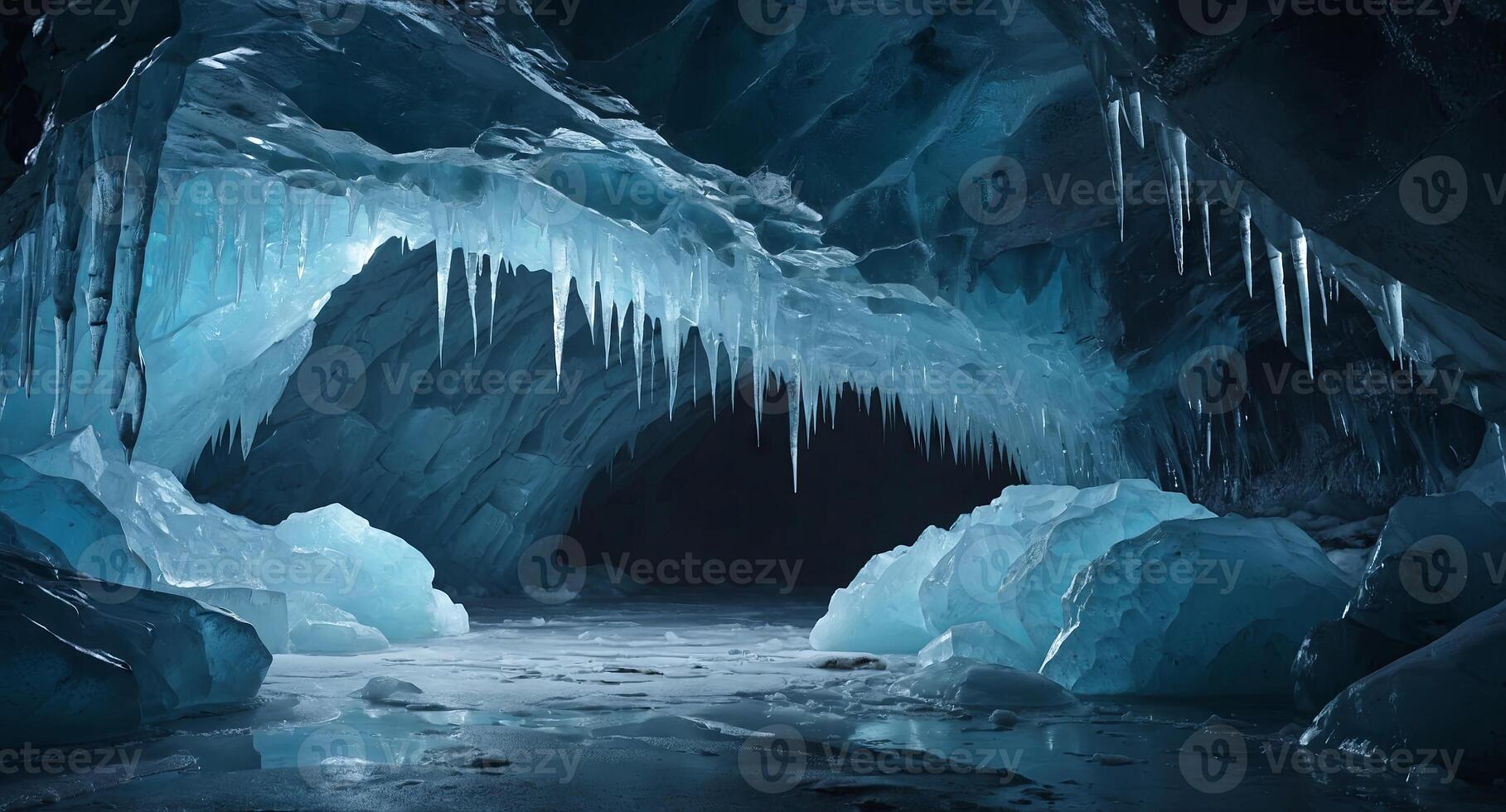 Fantasy ice cave Icy entrance Ice walls and floor Winter storm. photo