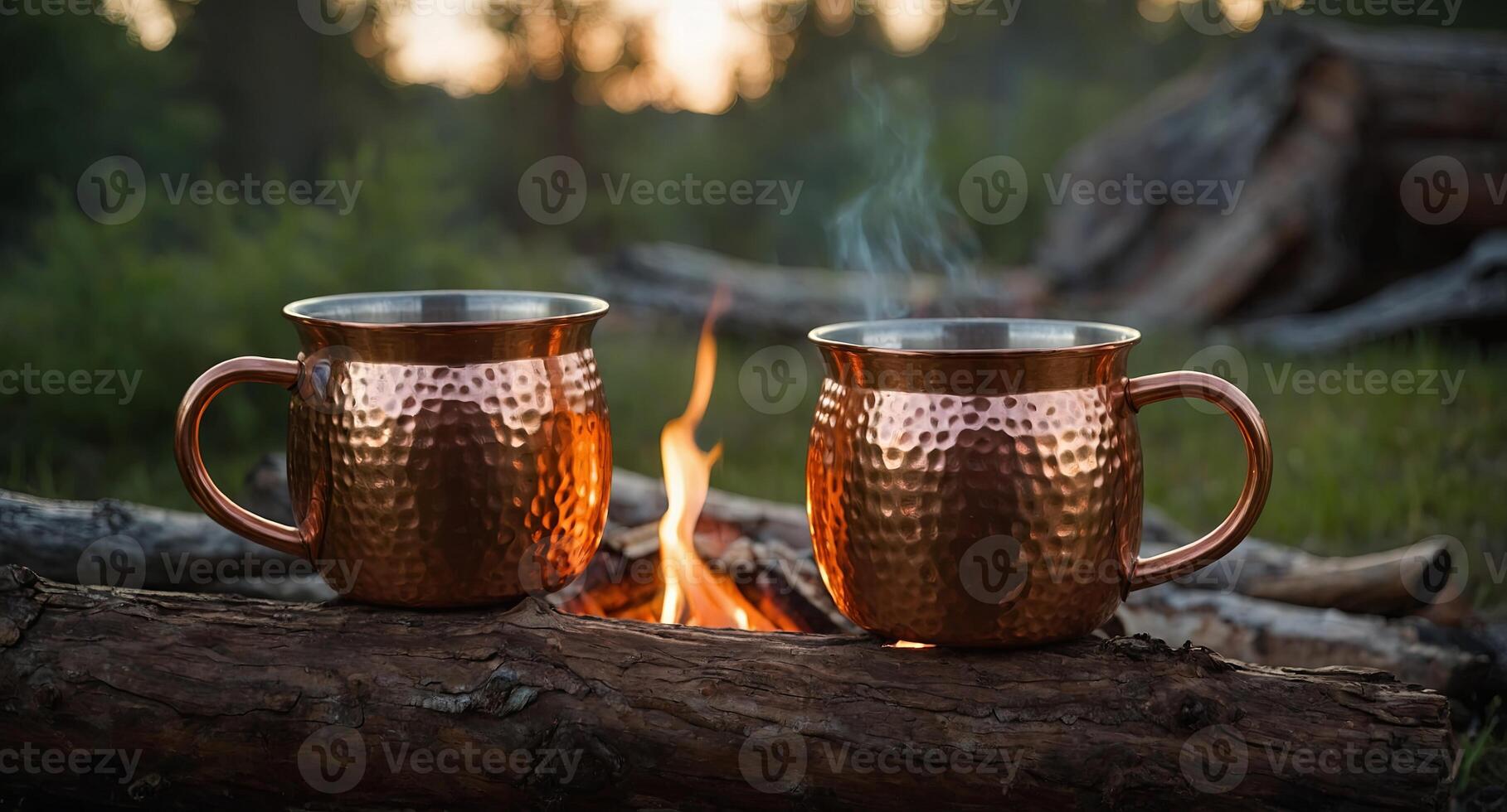 Camping scene with copper mugs Two hammered copper mugs in focus on a log with a blurred campfire in the background, evoking the warmth and coziness of outdoor adventures. photo