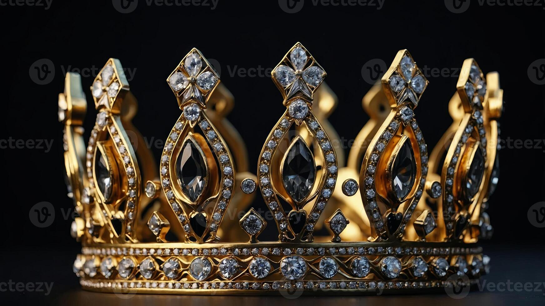 Golden crown with diamonds black background. . photo