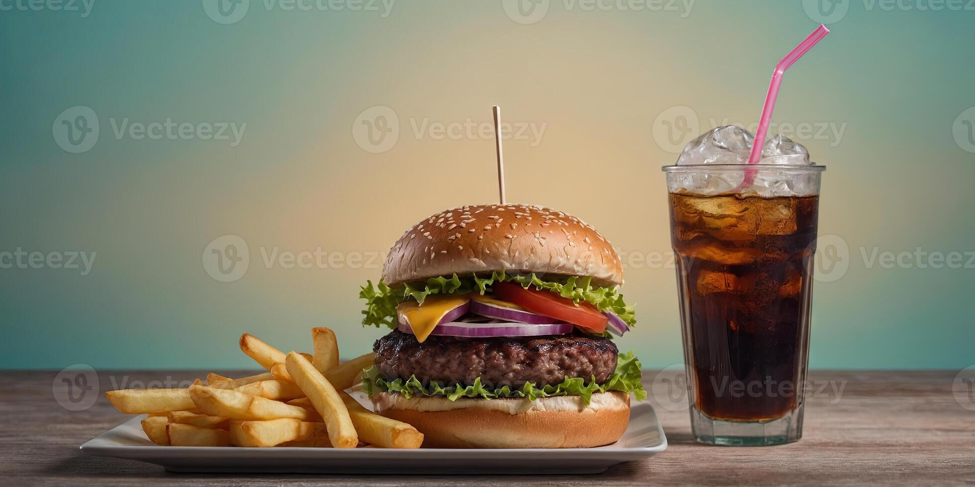 A delectable burger with double patties accompanied by a soda and fries presented in a soft pastel background. photo