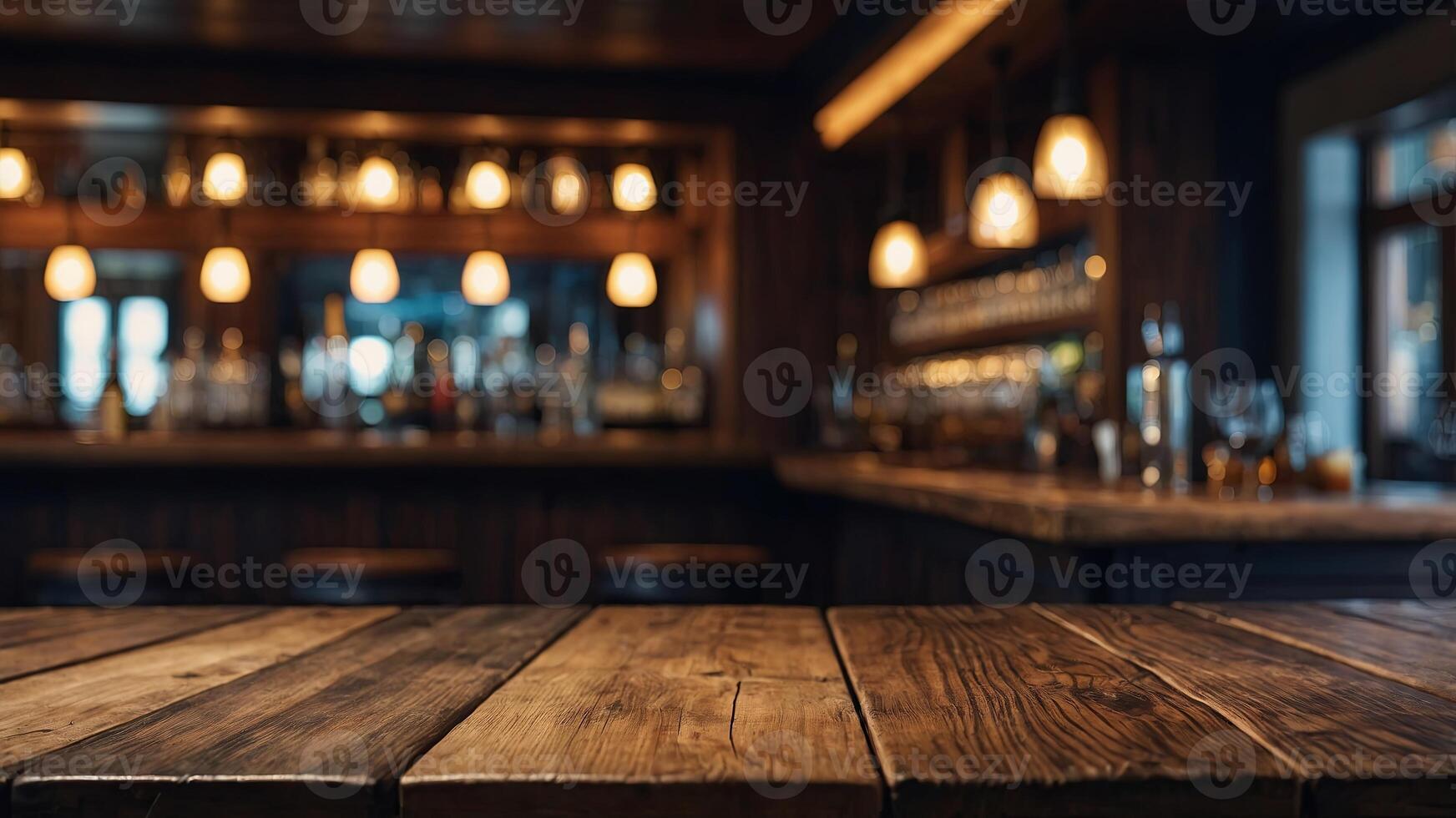Empty wooden table with bar in blur background. photo