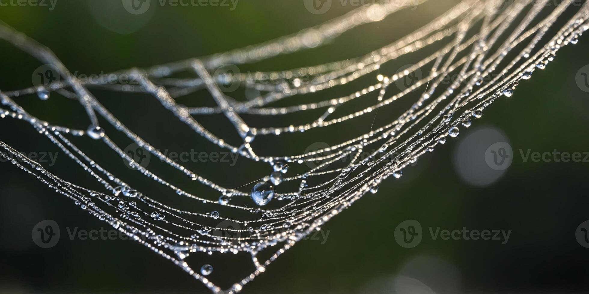 A close-up view of a spider web with water droplets glistening on the intricate threads. photo