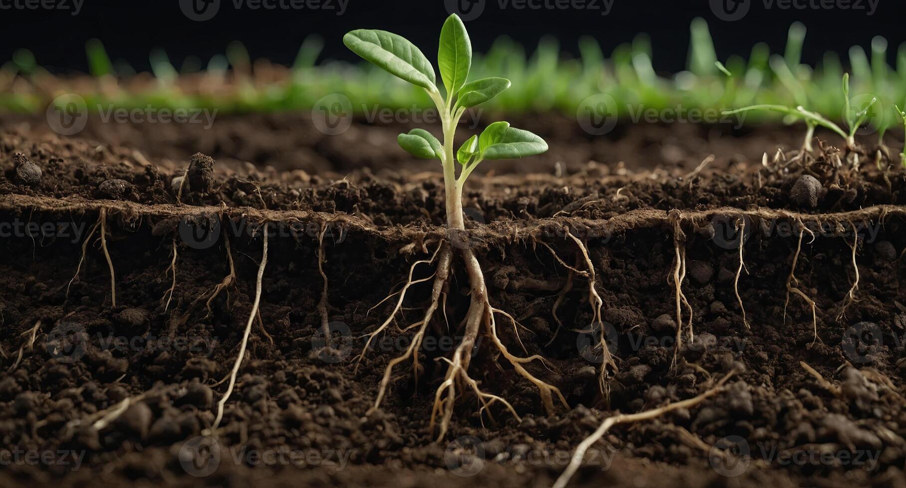 Close-up cross-section of soil and young plant roots, showcasing healthy growth and nutrient-rich earth. photo