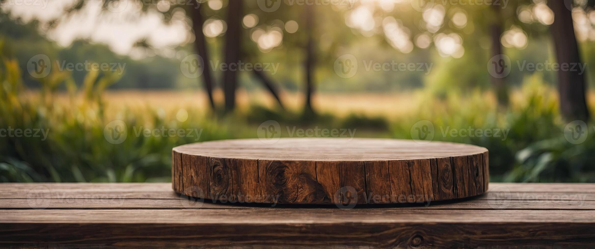 wooden podium for display or product showcase with blurry nature scene background. photo