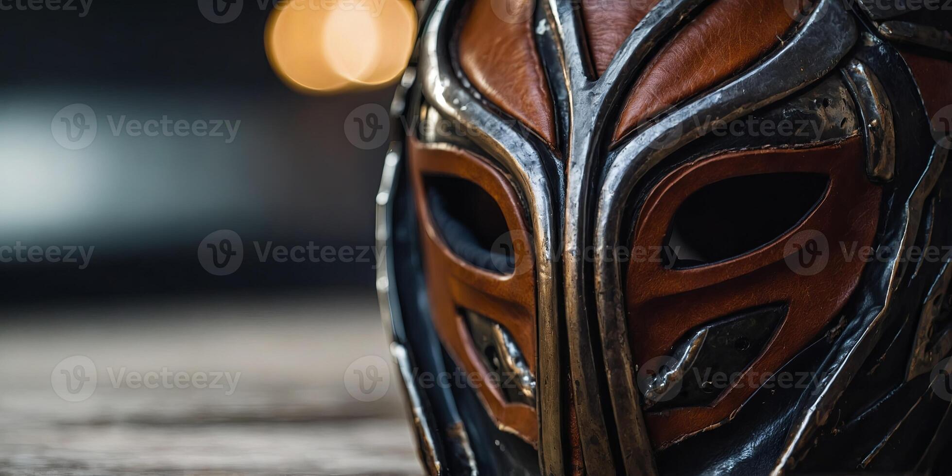 A Fighter s Reflection Macro View of a Worn Leather Mask, Macro, Worn, Mask, Fighter. photo