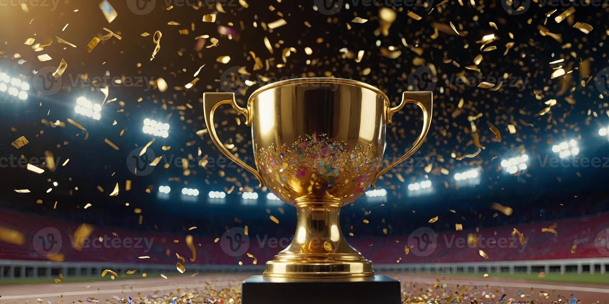 A gleaming gold winners trophy cup stands proudly on a race track, surrounded by a festive explosion of colorful celebration confetti and sparkling glitter, symbolizing victory and success. . photo