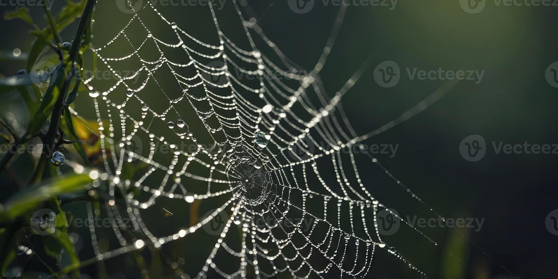 A close-up view of a spider web with water droplets glistening on the intricate threads. photo