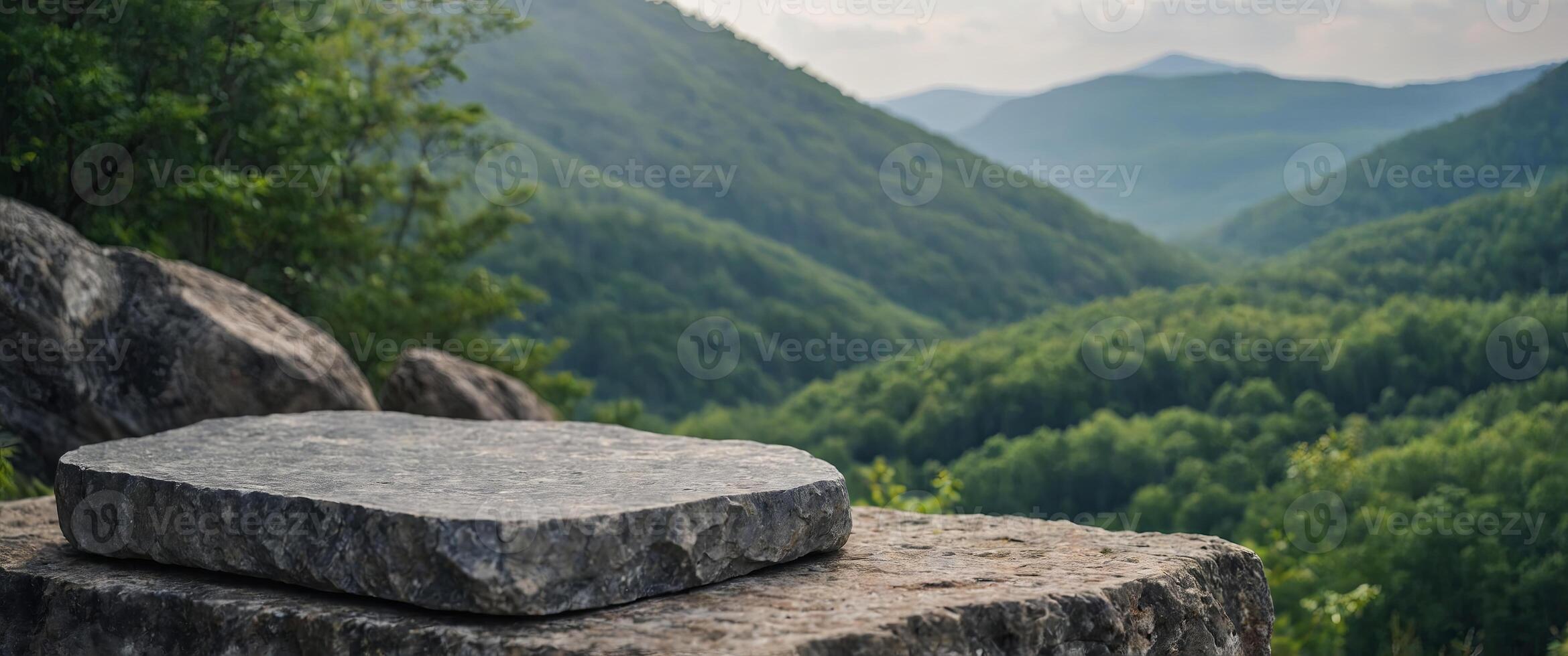 stone podium on rock platform gray rock pedestal for product with green forest and blue horizon on the background. photo
