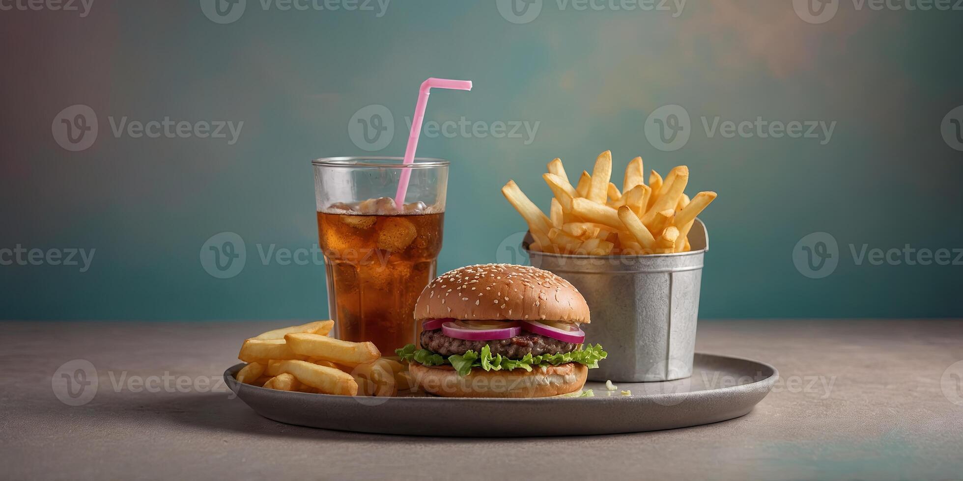 A delectable burger with double patties accompanied by a soda and fries presented in a soft pastel background. photo