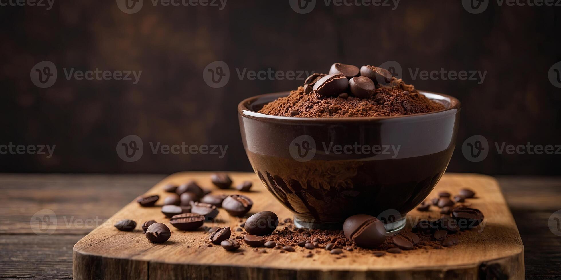 A delicious bowl of chocolate dessert garnished with coffee beans, presented on a wooden board with a rustic background. photo
