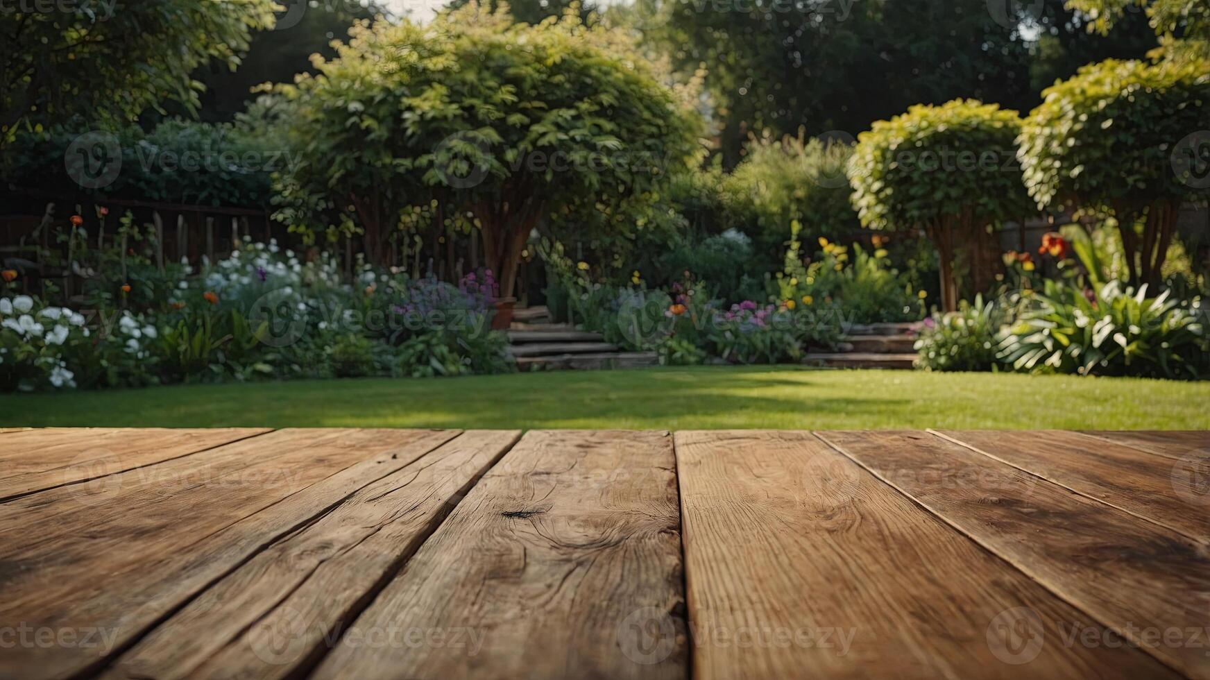 Empty Wooden Table with Garden Background. photo