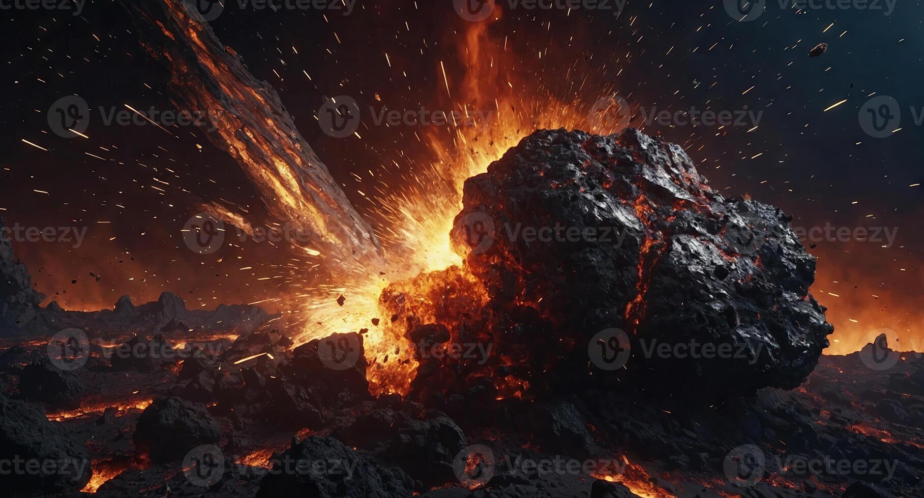a meteorite in space Space background Meteor crashing explosion Lava, explode, fire, debris, embers Meteor crashing explosion Lava, explode, fire, debris, embers. photo