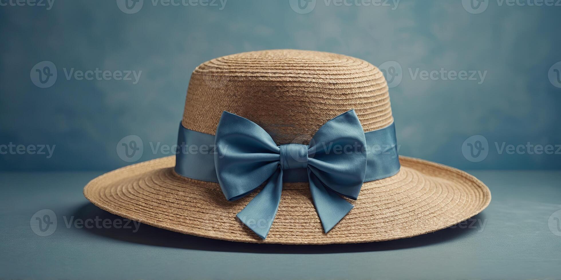 A classic summer hat enhanced by a charming bow, presented on a creamy blue background for a timeless appeal. photo